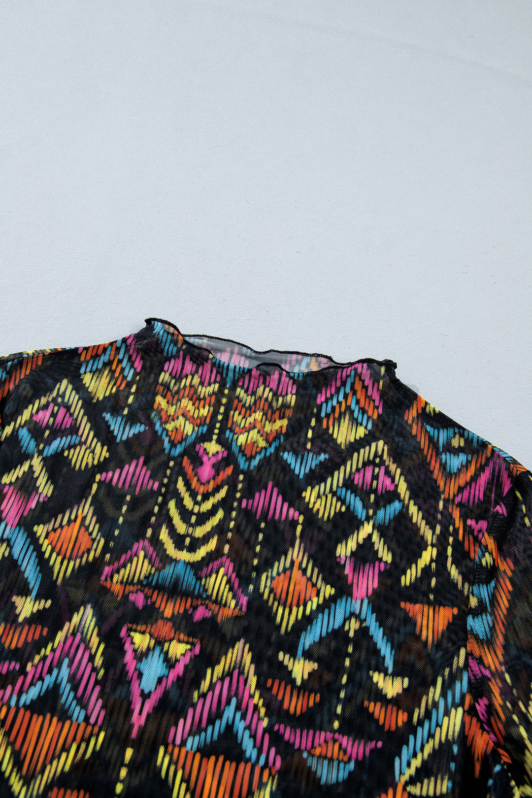 Color black Abstract Print Long Sleeve Stand Neck Mesh Top