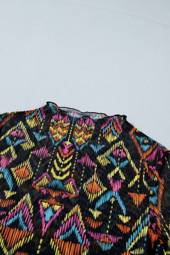 Color black Abstract Print Long Sleeve Stand Neck Mesh Top