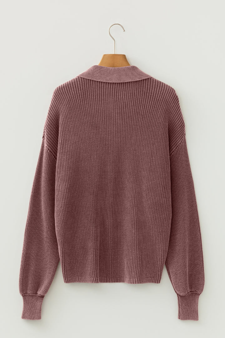 Dark Brown Mineral Washed Knit Button Polo Collar Loose Sweater