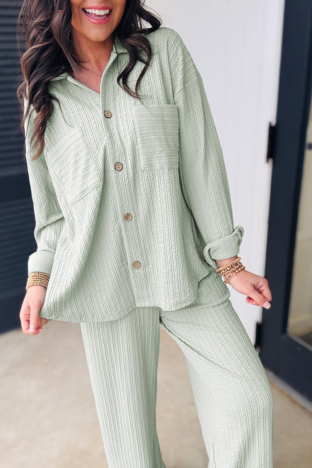 Clearly Aqua Textured Patch Chest Pocket Shirt and Pants Set