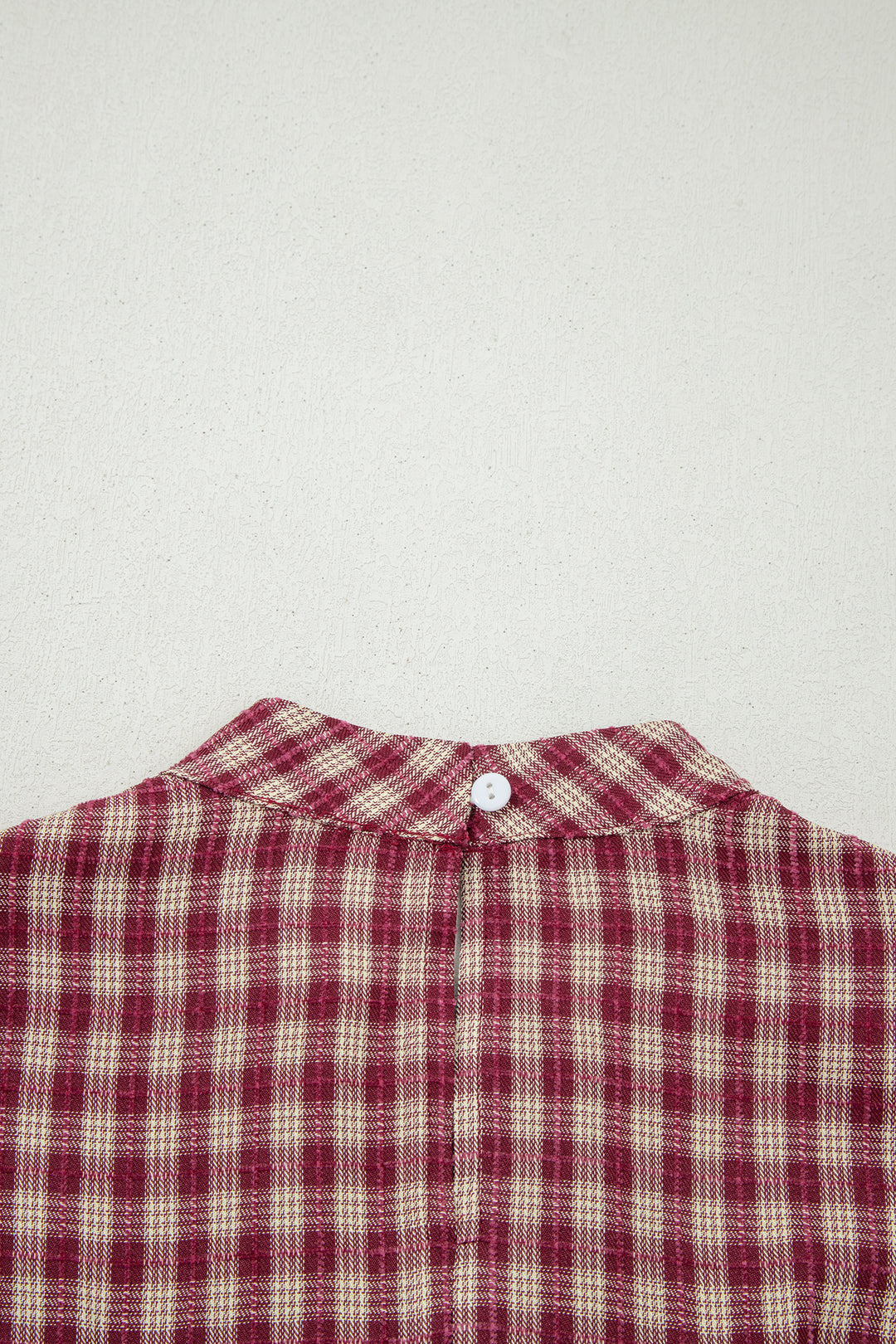Coral Country Plaid Long Sleeve Button Keyhole Pleated Loose Blouse