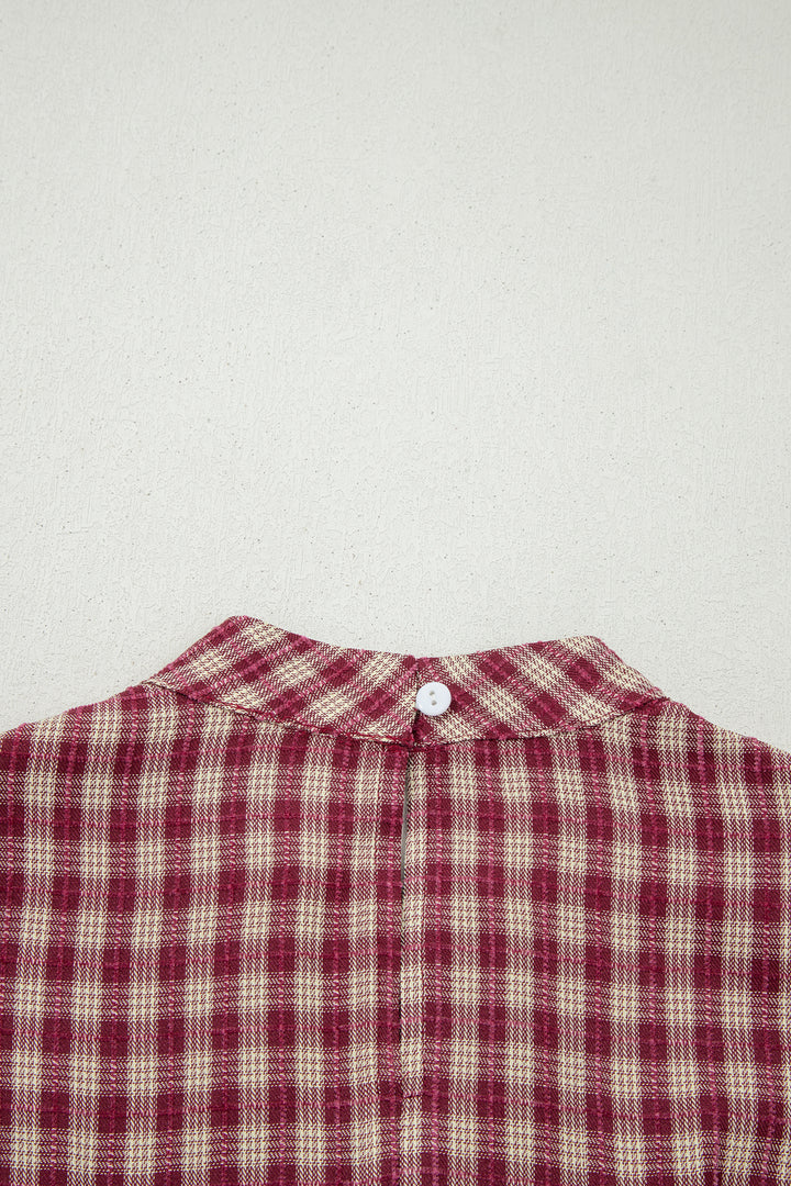 Coral Country Plaid Long Sleeve Button Keyhole Pleated Loose Blouse
