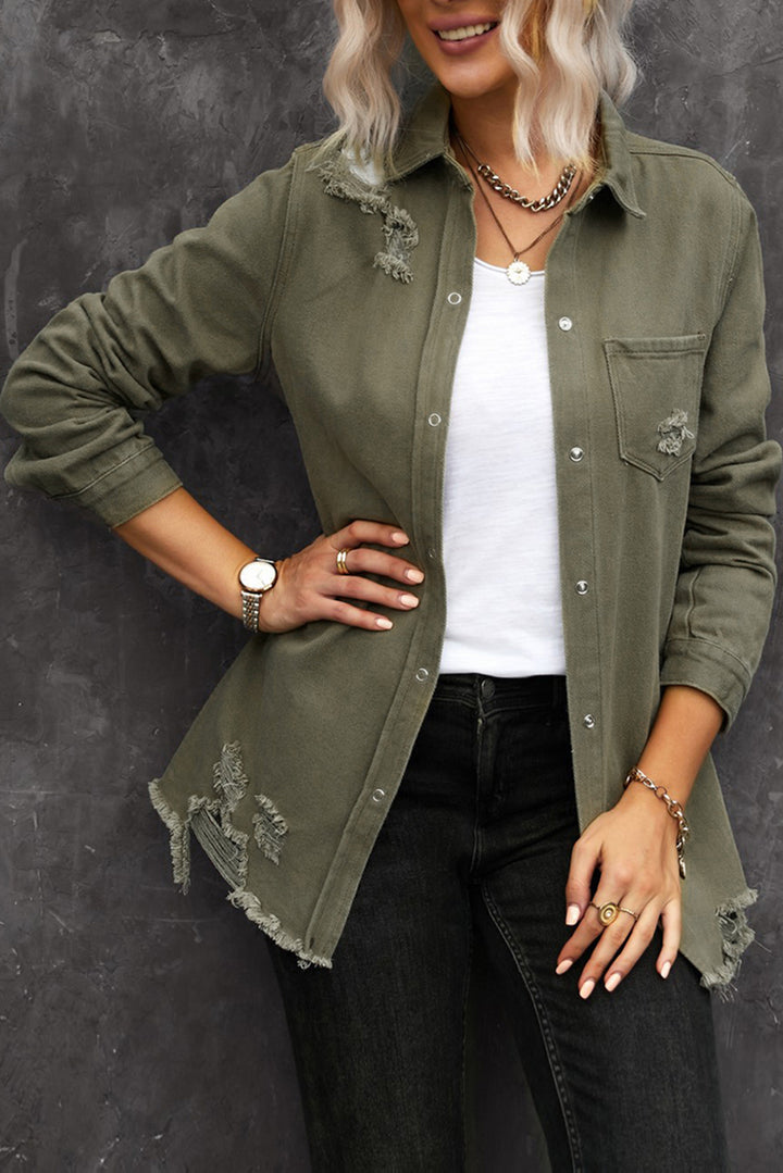 Khaki Raw Hem Distressed Denim Shirt Jacket