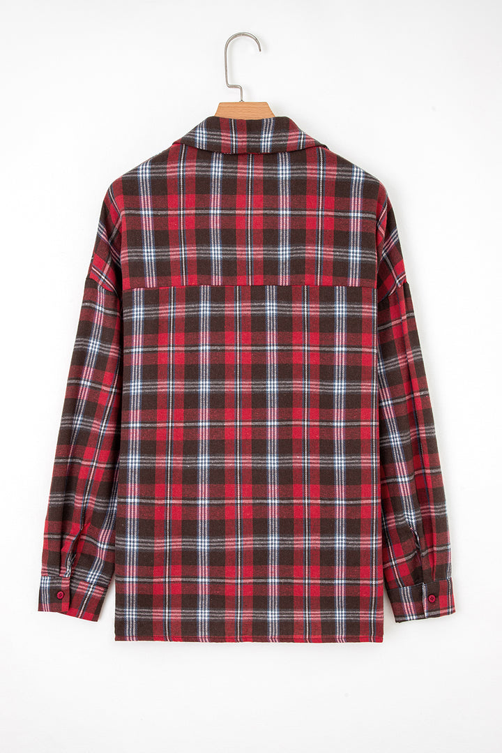 Red Plaid Print Collared V Neck Loose Blouse with Side Slits