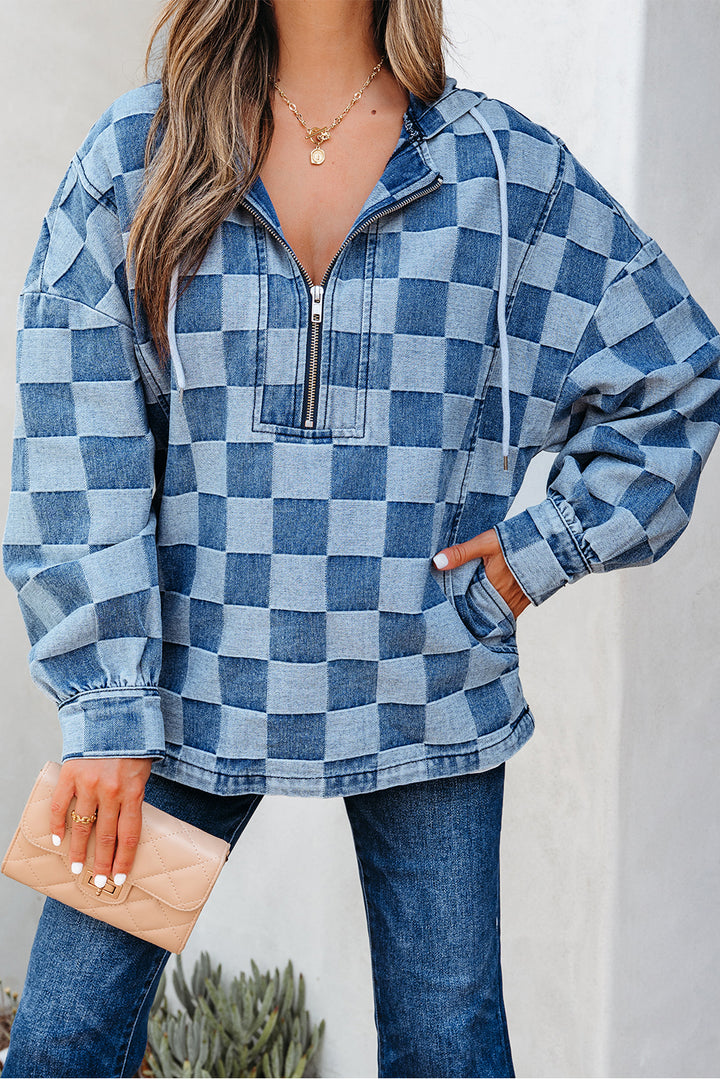 Sky Blue Checkerboard Oversized Zipped Neck Kangaroo Pocket Denim Hoodie