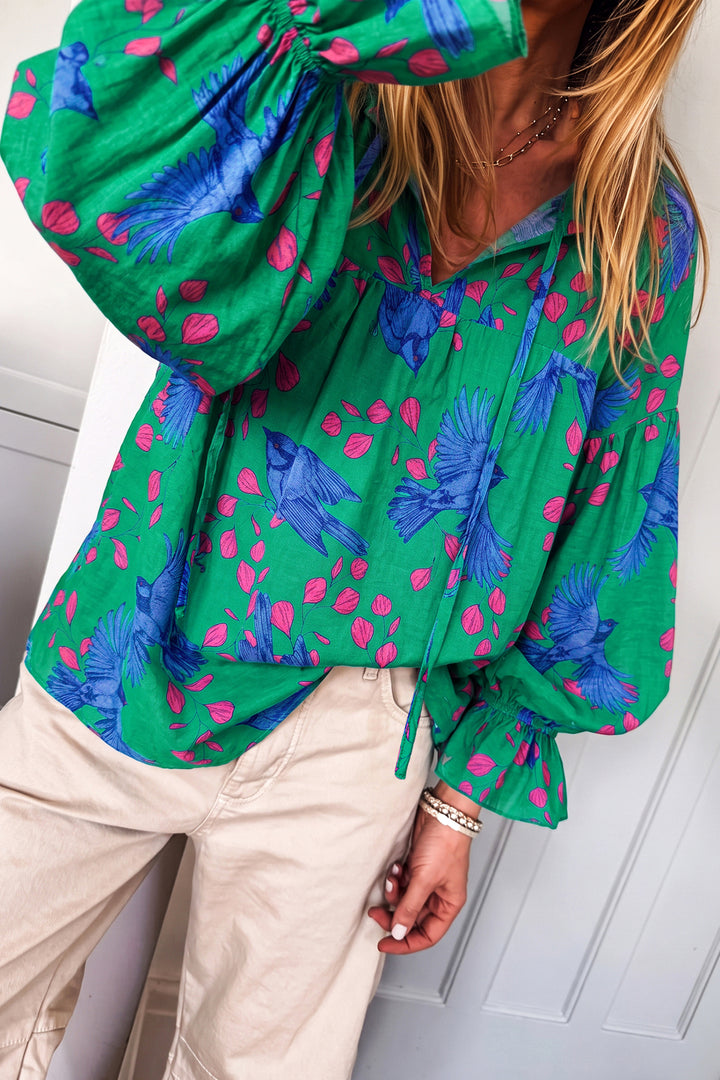 Green Abstract Print V Neck Flounced Puff Sleeve Blouse