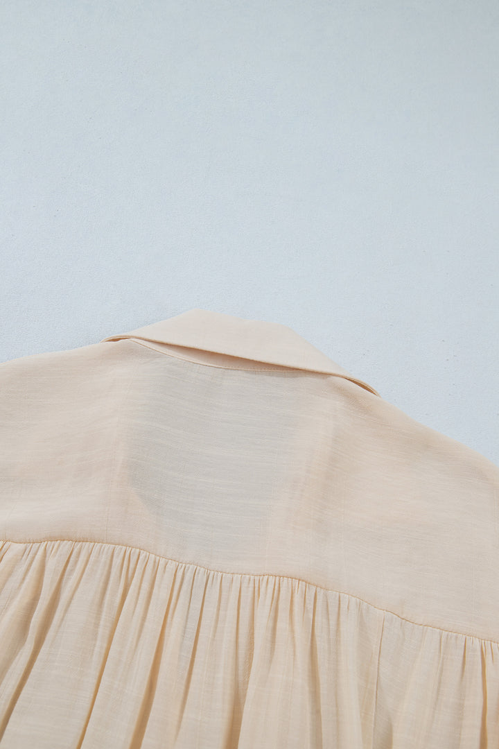 Oatmeal Sheer Lace Splicing Detail Bracelet Sleeve Loose Flowy Shirt