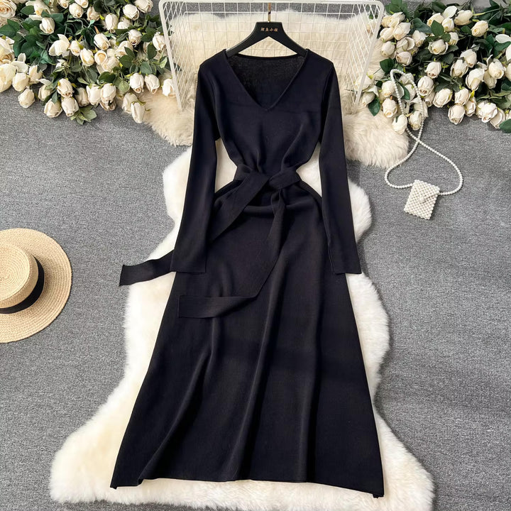 Premium Knit V-Neck Slit Maxi Dress for Women - Long Sleeve | Women