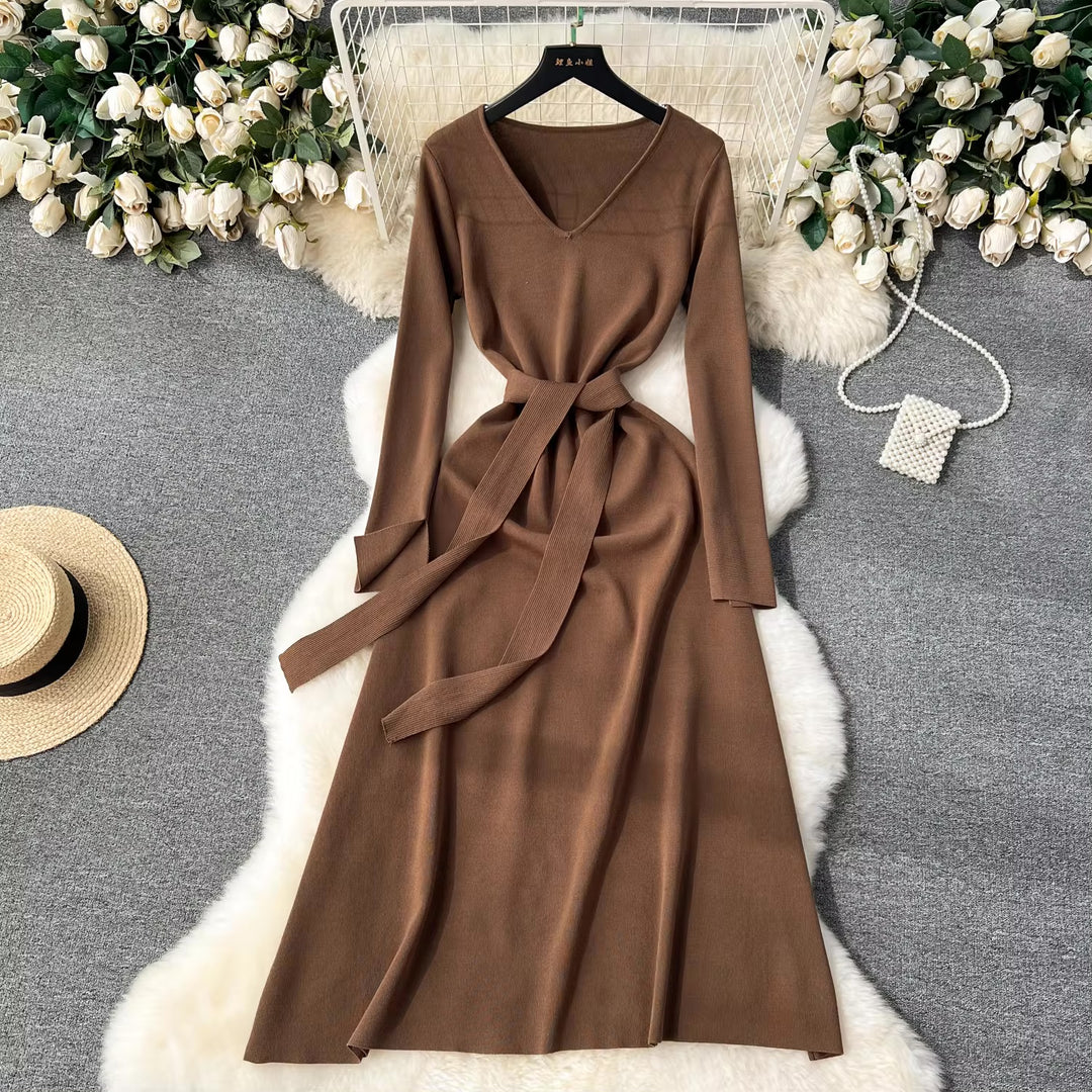 Premium Knit V-Neck Slit Maxi Dress for Women - Long Sleeve | Women