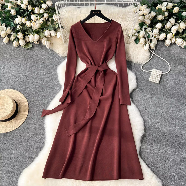 Premium Knit V-Neck Slit Maxi Dress for Women - Long Sleeve | Women