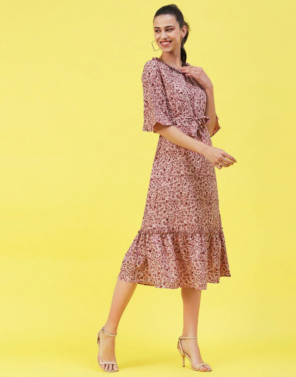 Rose Pink Printed Ruffle Dress | Women