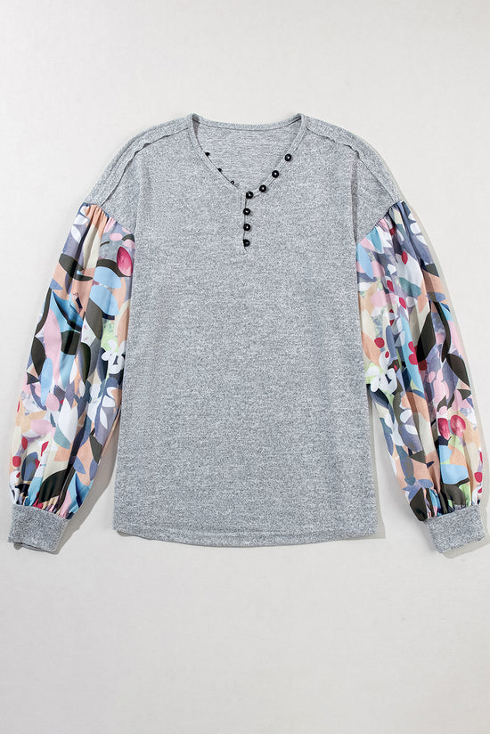 Gray Floral Lantern Sleeve Patchwork Buttoned V Neck Top | Women