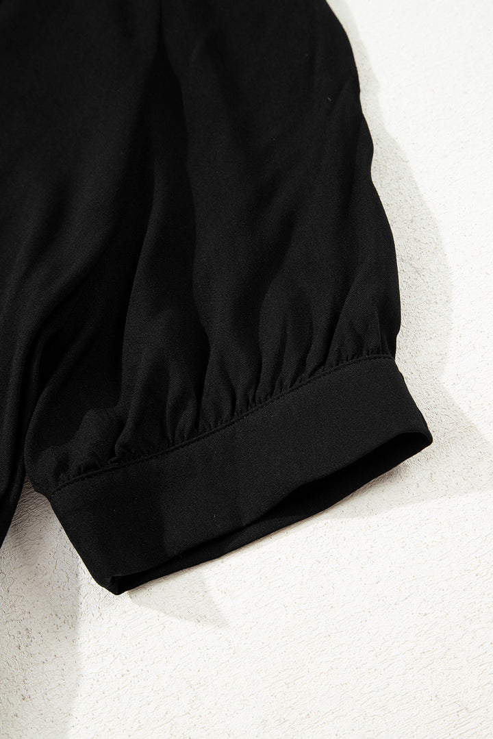 Black Hidden Buttons Short Sleeve Ruffle Tiered Long Flared Dress
