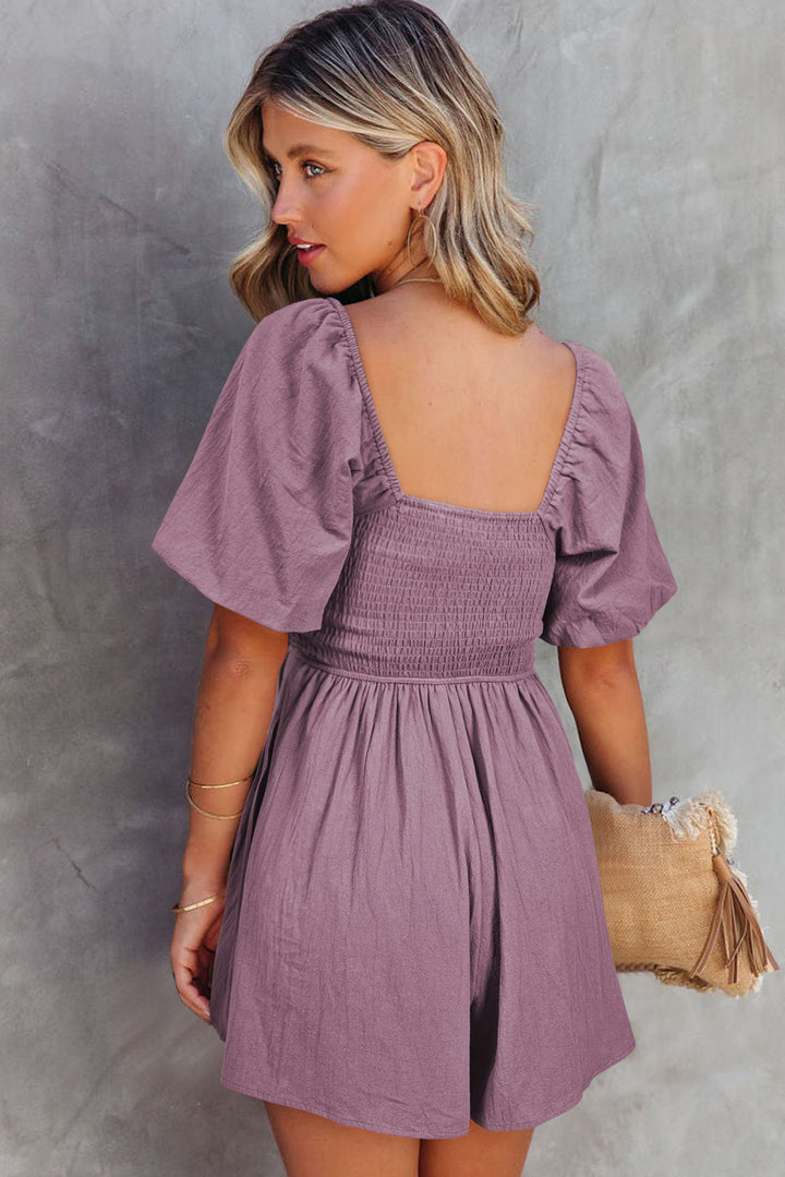 Valerian Cotton Square Neck Ruched Puff Sleeve Romper