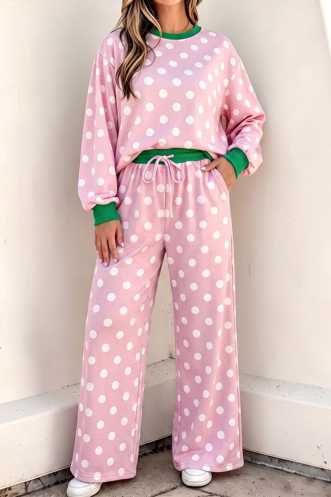 Khaki Polka Dot Contrast Trim Long Sleeve Top Drawstring Shift Pants Set