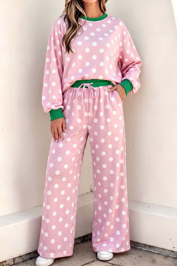 Khaki Polka Dot Contrast Trim Long Sleeve Top Drawstring Shift Pants Set