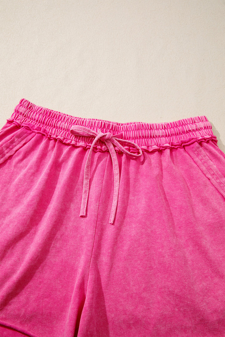 Rose Red Mineral Washed Drawstring Elastic Waist Raw Cut Shorts