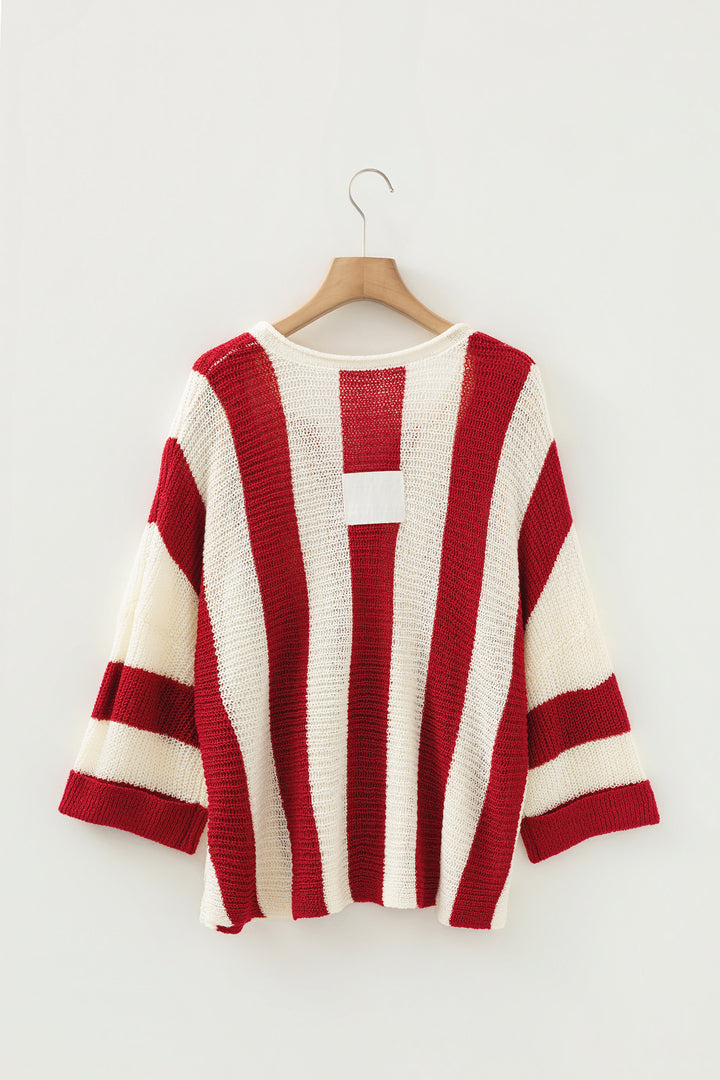 Red Stripe Colorblock V Neck Bracelet Sleeve Sweater