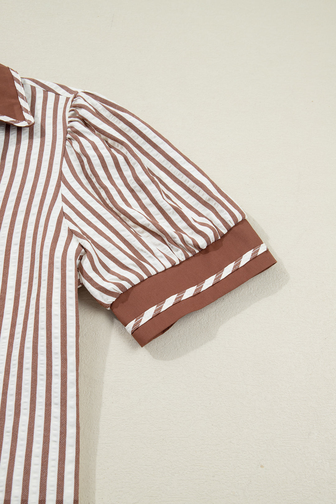 Khaki Stripe Collared Split Neck Short Bubble Sleeve Blouse