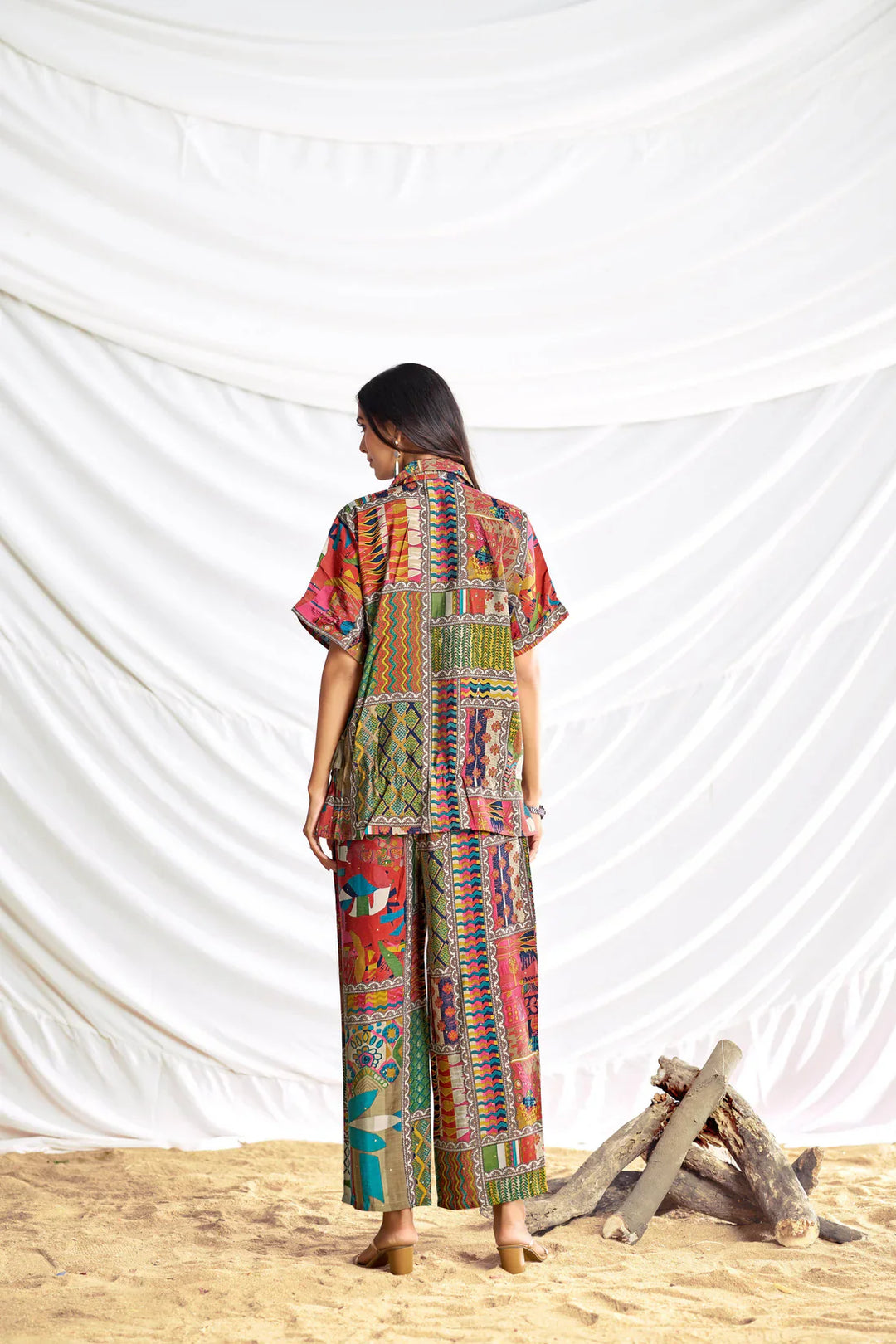 Beige Collered Neck Printed Chanderi Co-Ord Set