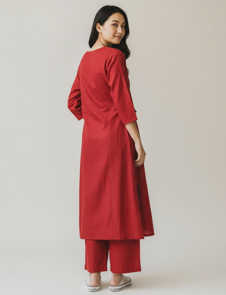 Embroidered Yoke Red Kurta Set with Straight Pants