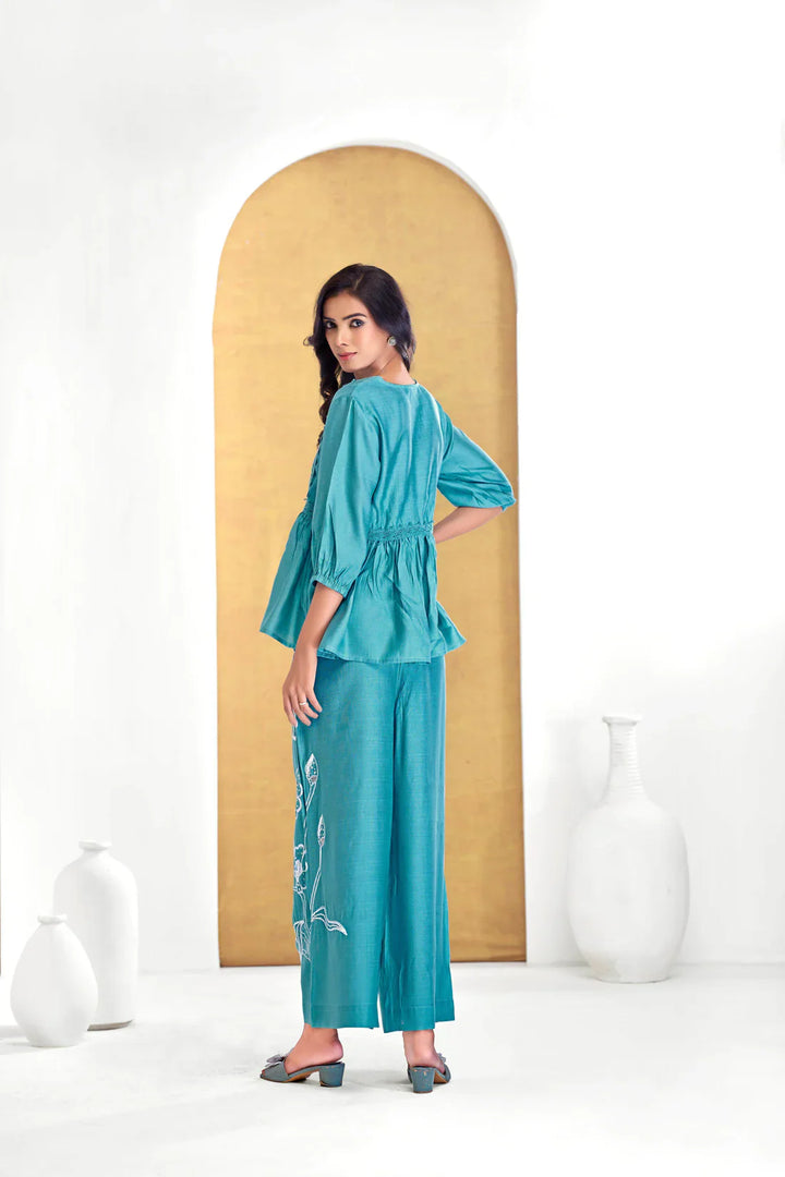 Ice Blue Floral Print Cotton Coord Set