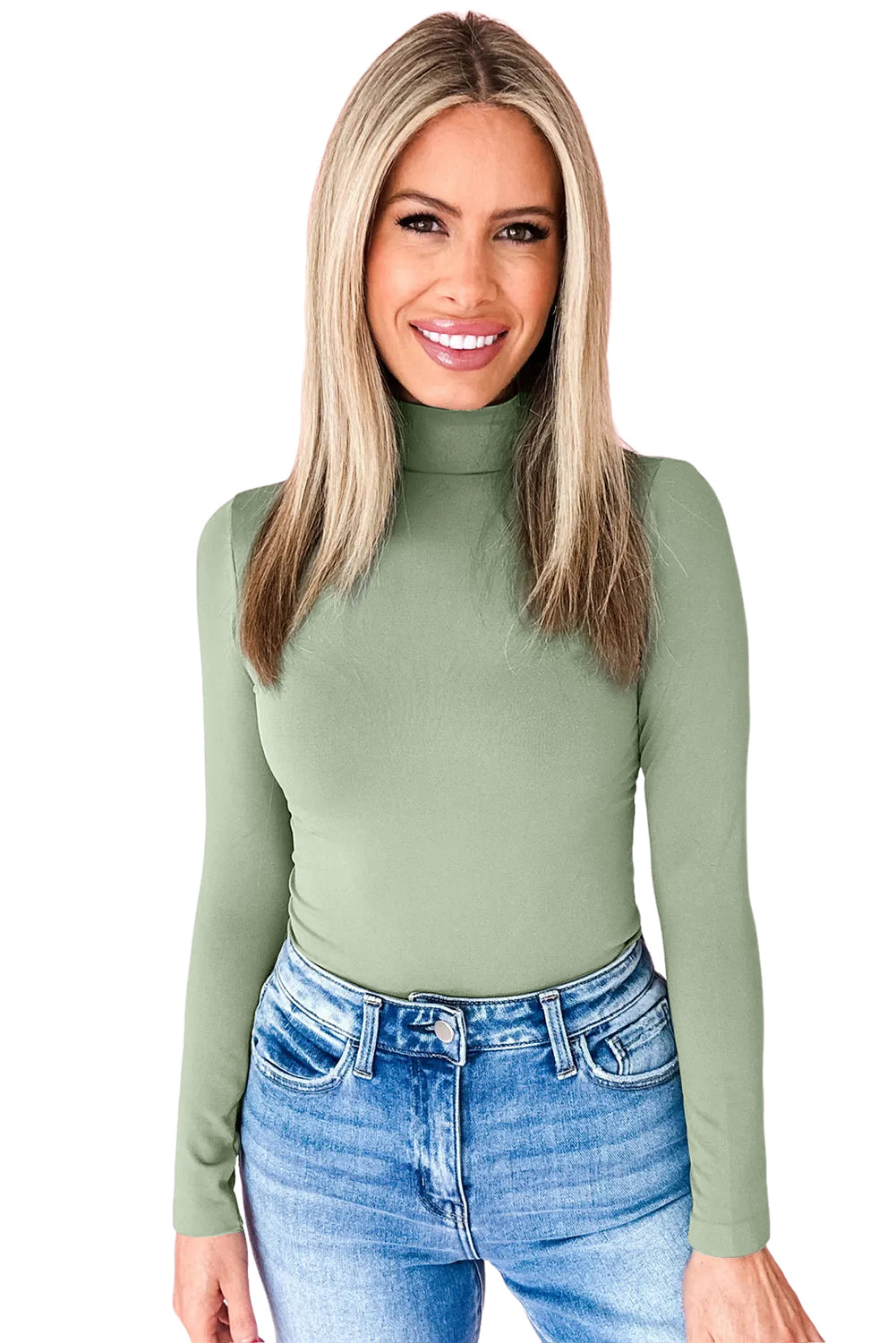Coffee Slim Fit High Neck Long Sleeve Basic Top