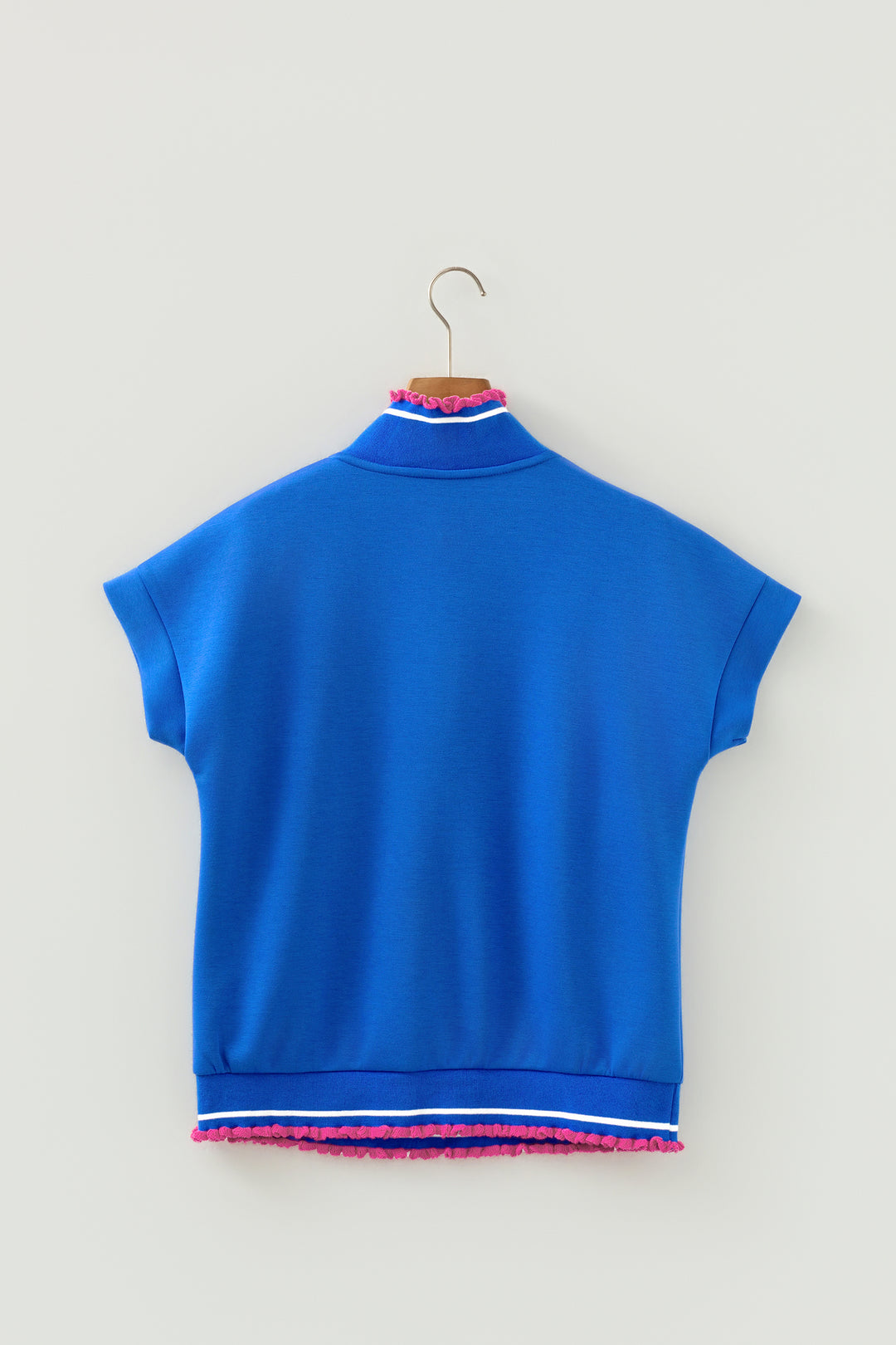 Sky Blue Contrast Frilled Trim Button Collared Short Sleeve Knit Top