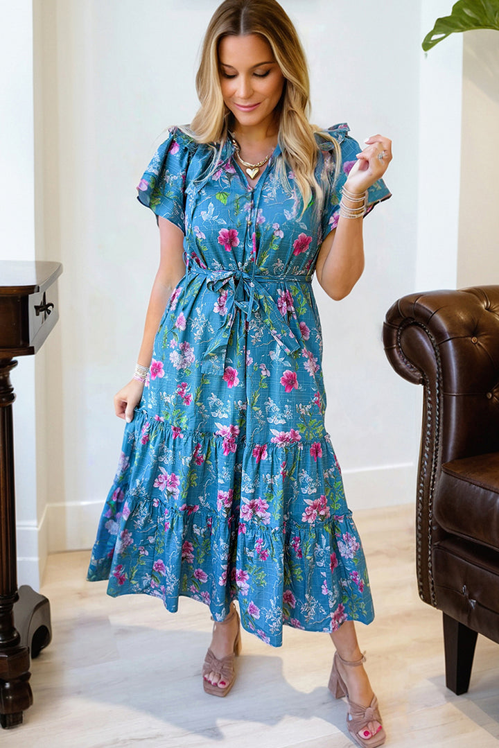 Blue Floral Flutter Sleeve Button Tie Split Neck Belted Long Dress