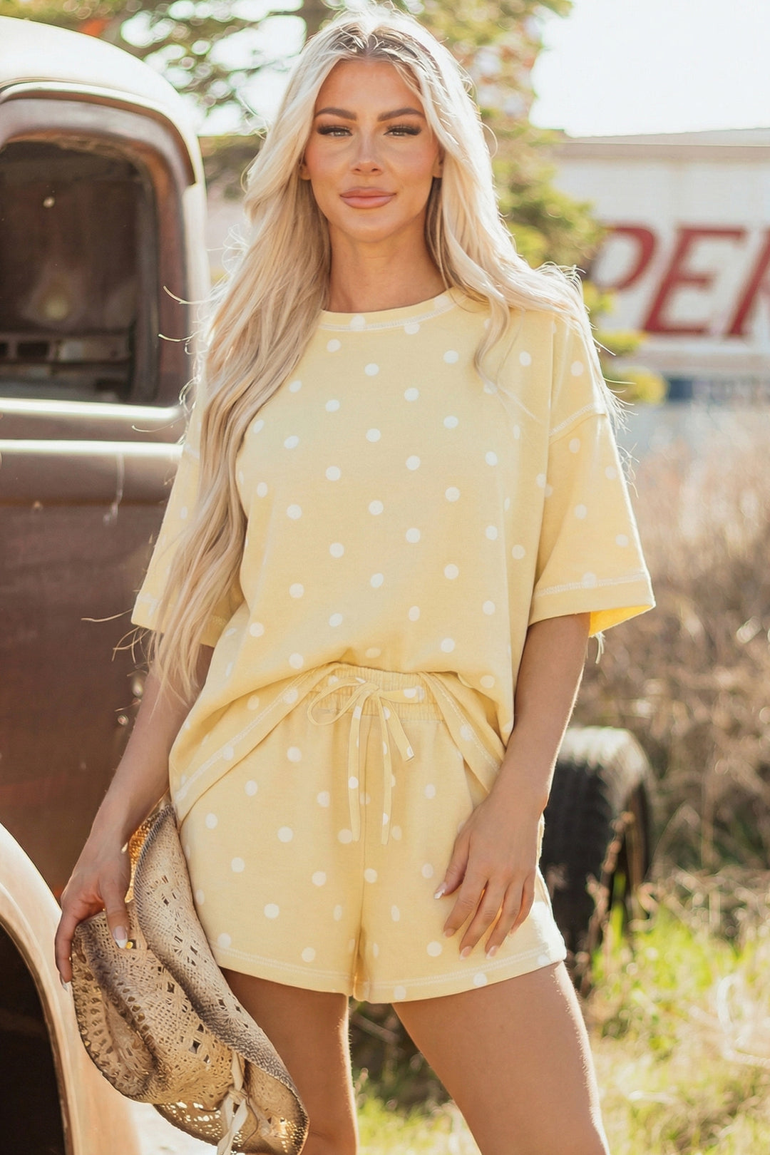 Yellow Exposed Seam Detail Polka Dot Loose Tee Drawstring Shorts Set