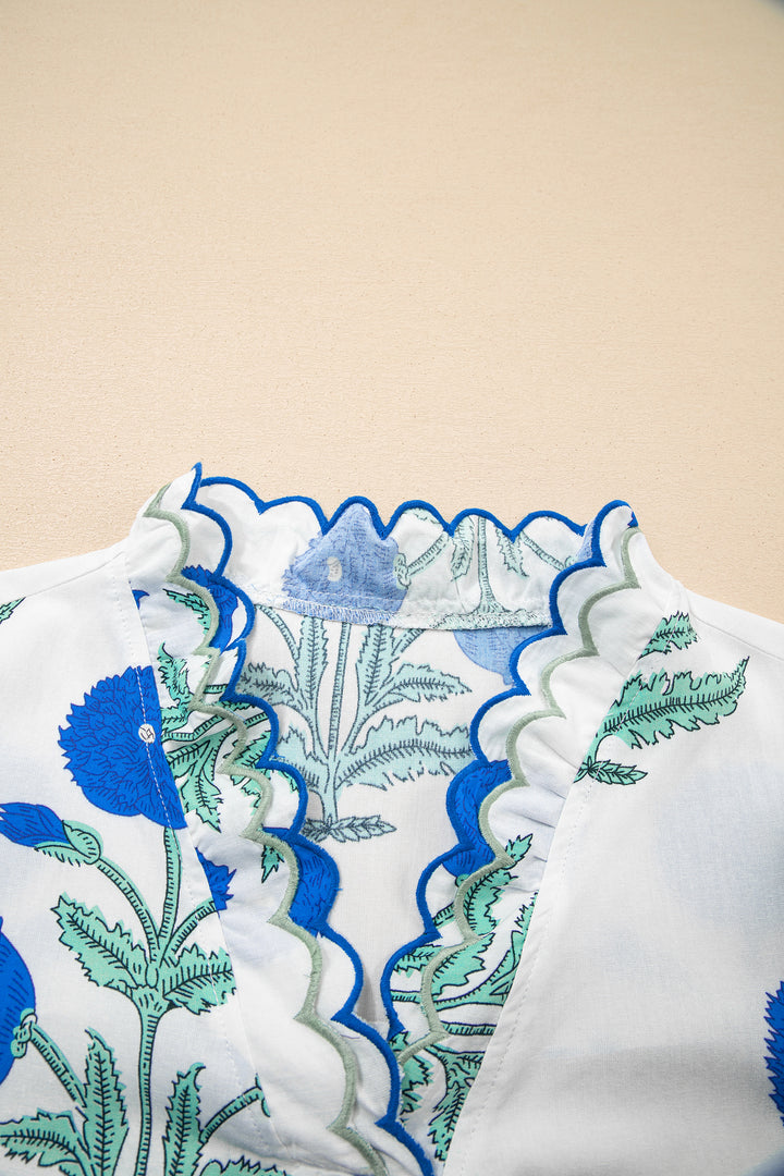 Blue Wild Flower Print Contrast Trim Scallop Detail Short Sleeve Blouse