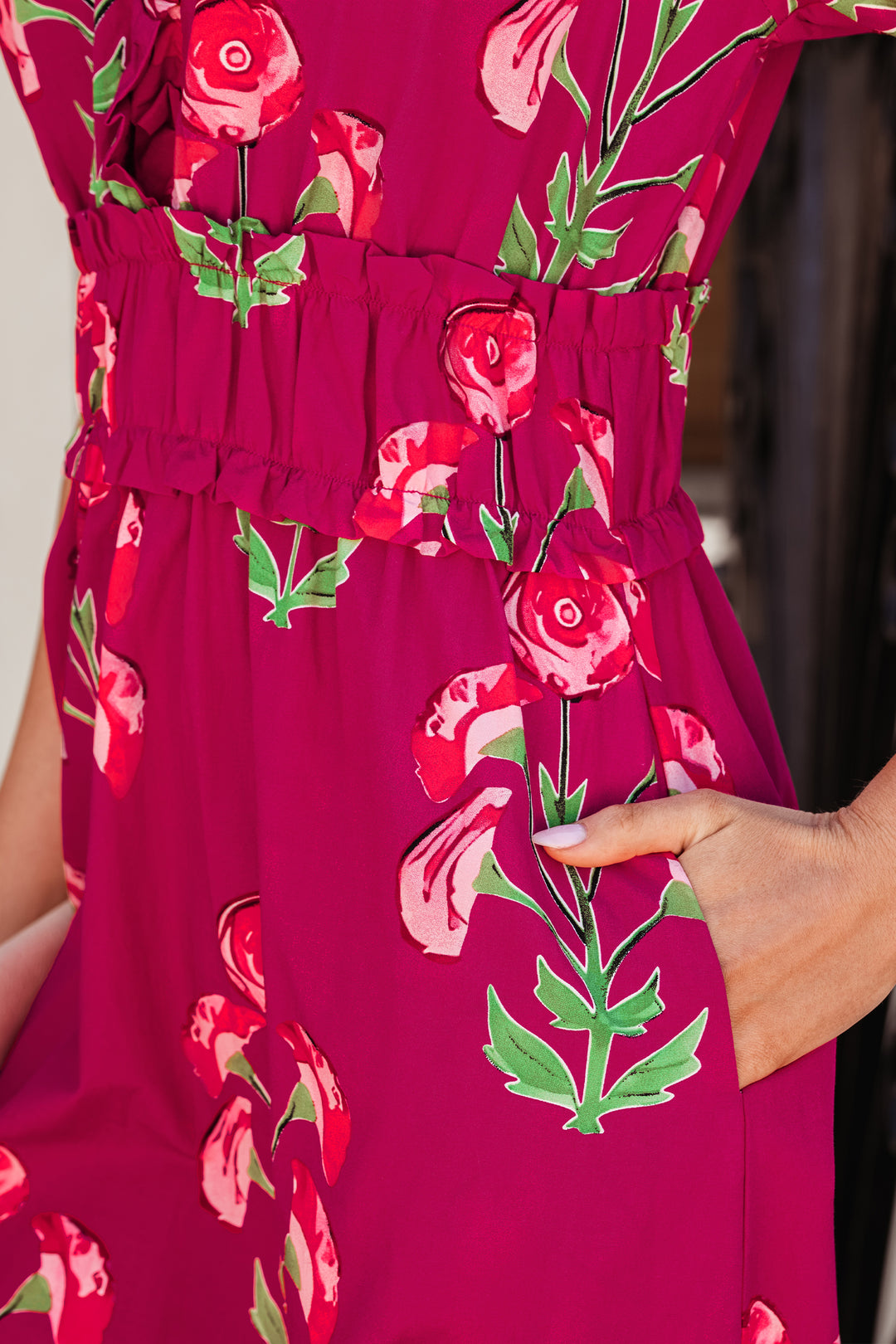 Red Floral Print Frilled V Neck Short Sleeve Ruffle Maxi Dress