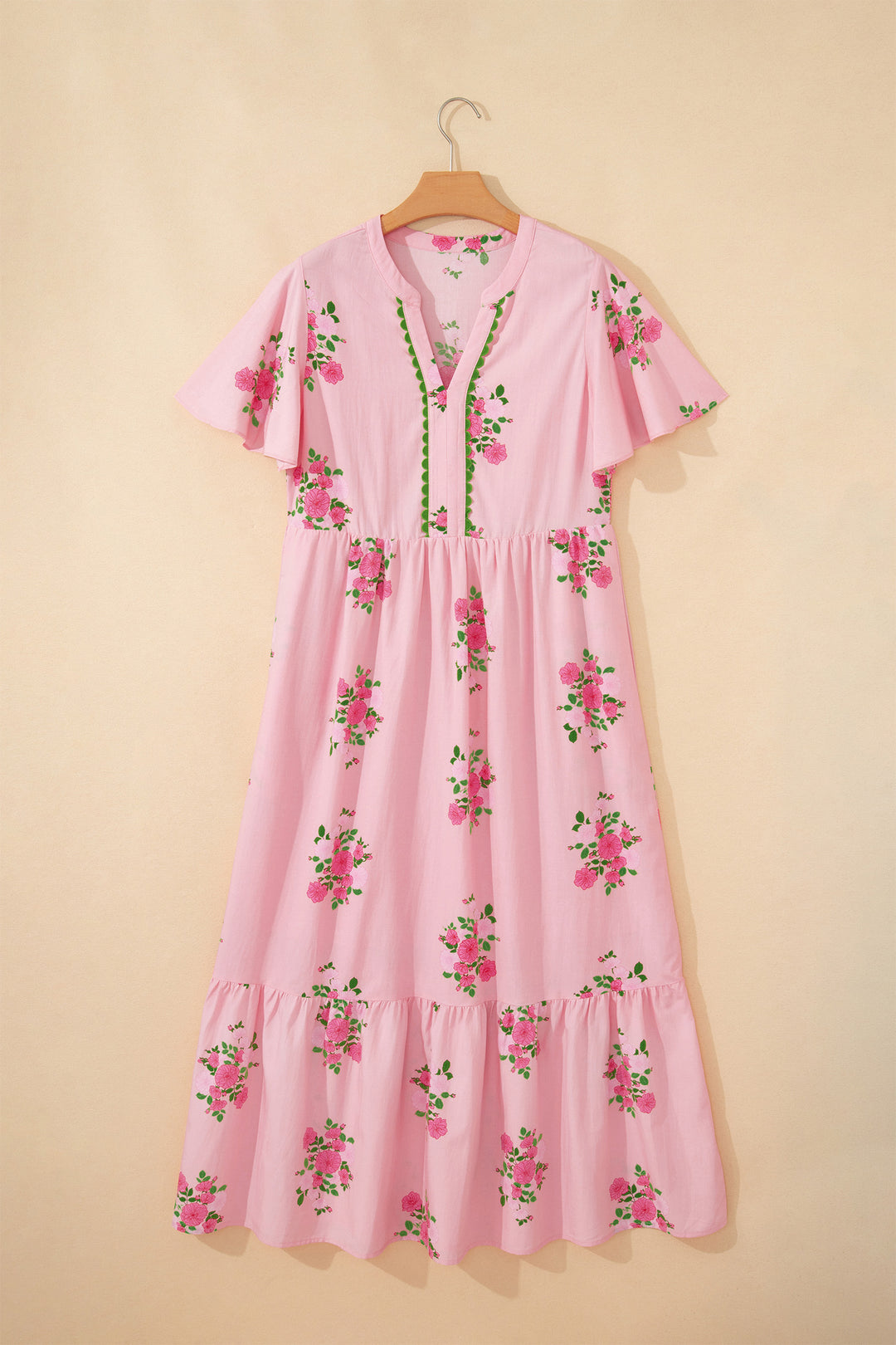 Pink Notched Neck Flutter Short Sleeve Floral Print Maxi Dress