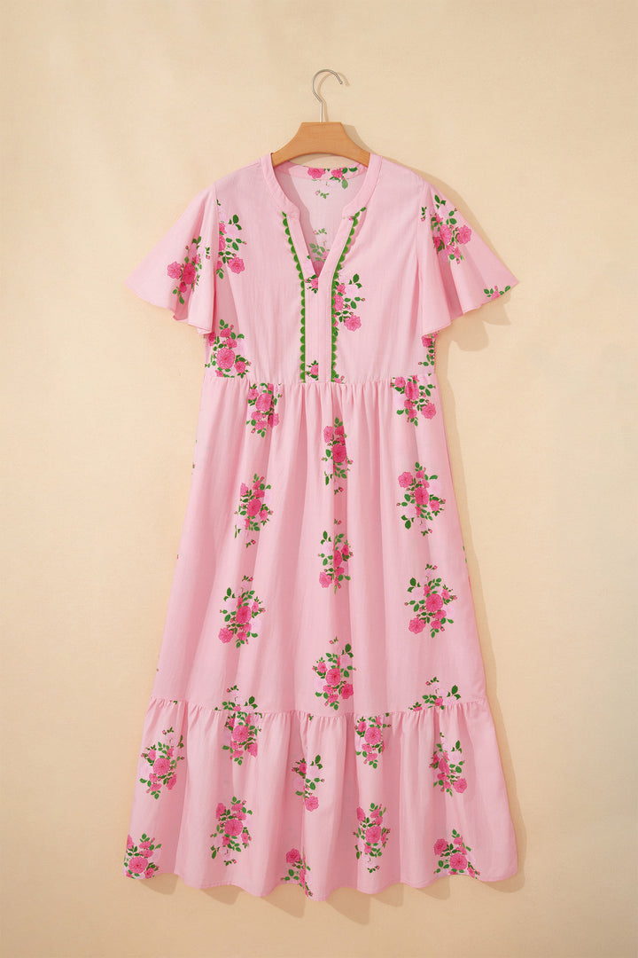 Pink Notched Neck Flutter Short Sleeve Floral Print Maxi Dress