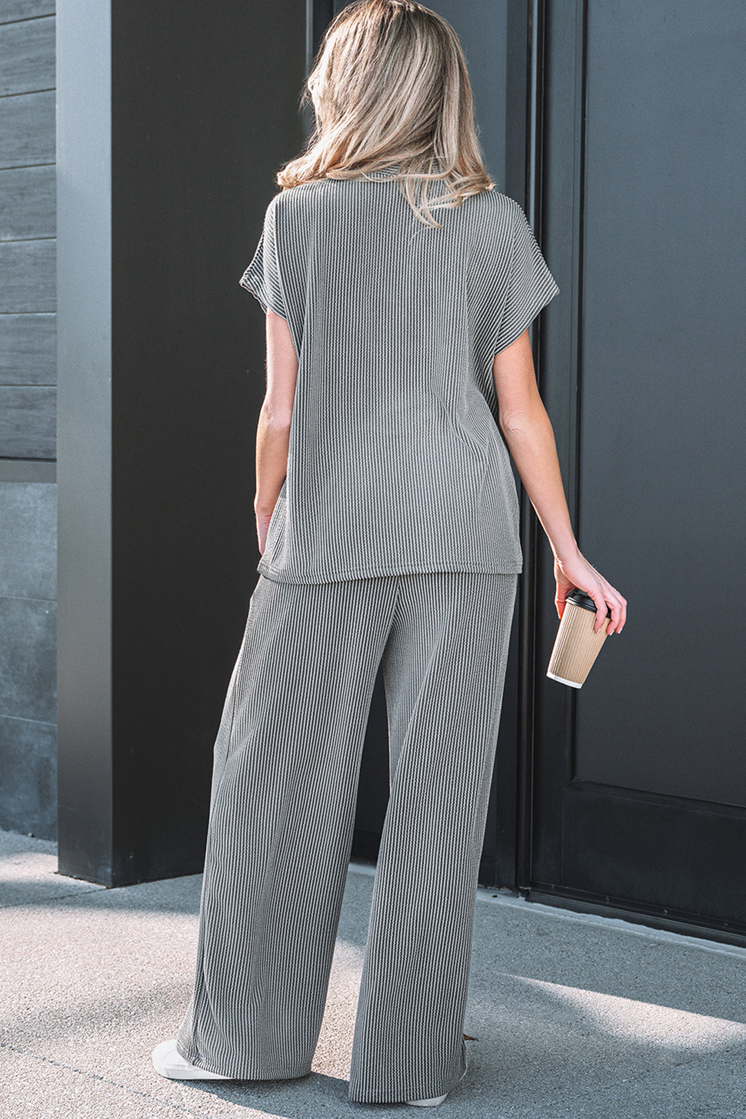 Dark Grey Twisted Ribbed High Neck Loose Tee Elastic High Waist Loose Pant Set