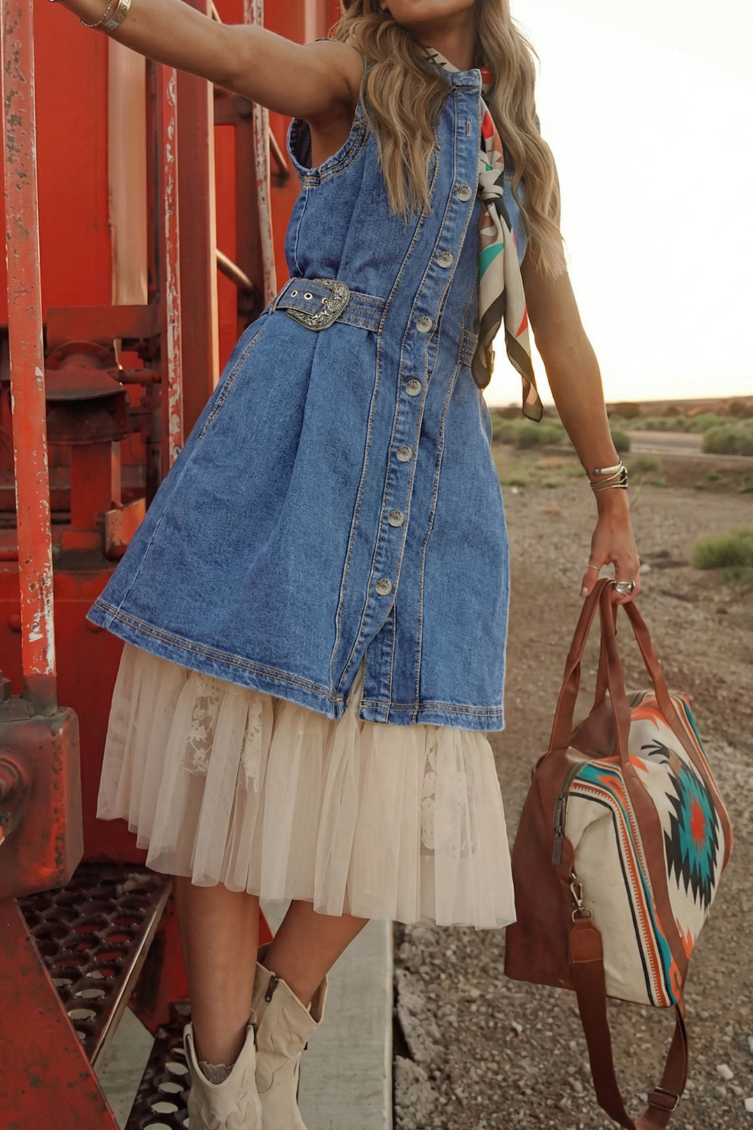 Myosotis Western Belt Button Down Sleeveless Denim Short Dress