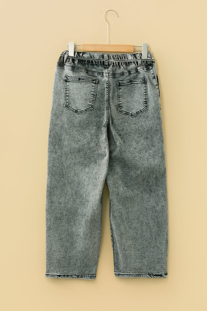 Gray Acid Wash Barrel Fit Denim Pants with Waist String