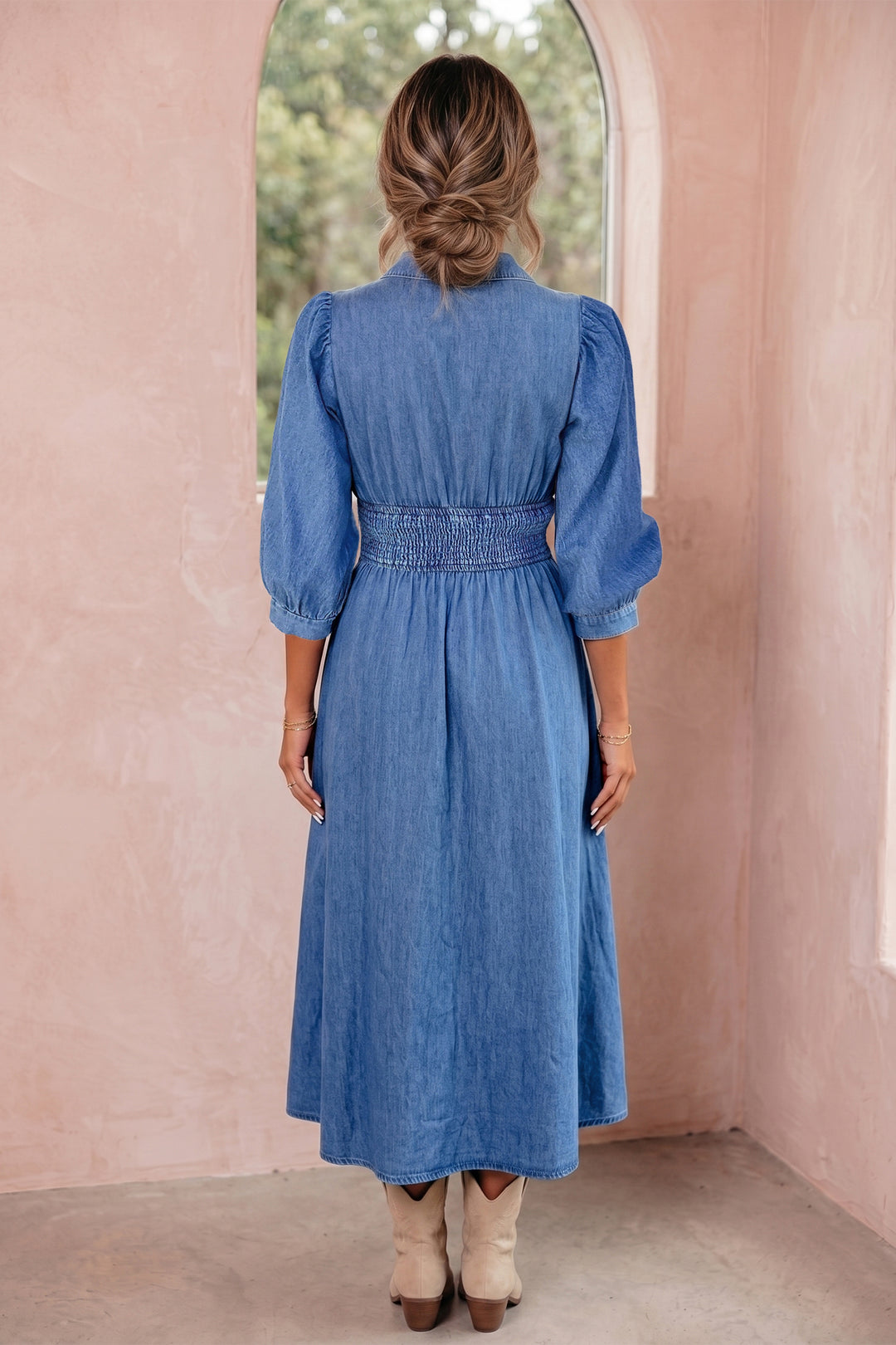 Blue V Neck Shirred Waist Metal Zipper Denim Midi Dress