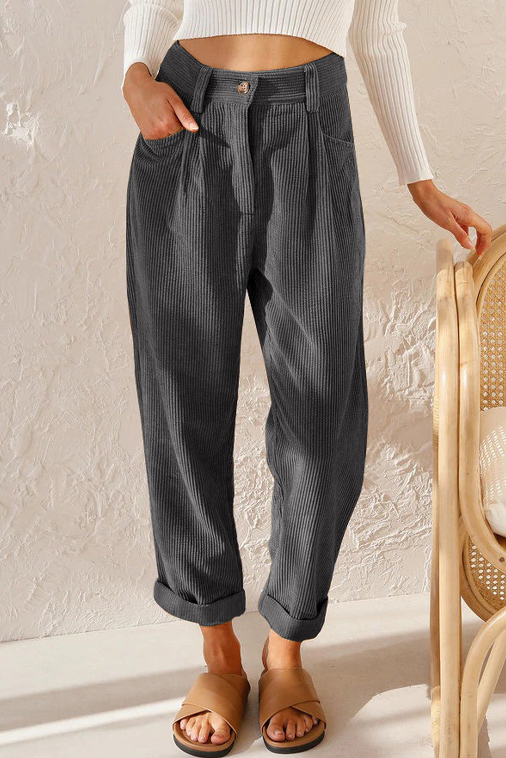 Gray Corduroy High Waist Straight Leg Pants| Women