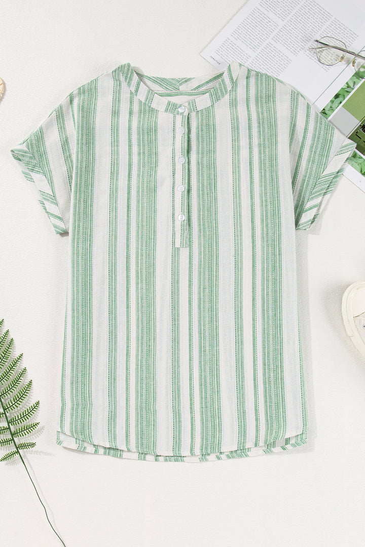 Green Breathable Gauze Half Button Short Sleeve Casual Blouse