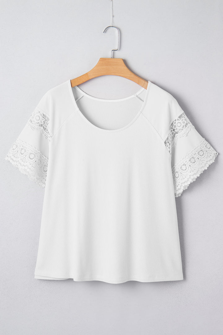 Black Ribbed Lace Patchwork Short Sleeve Top