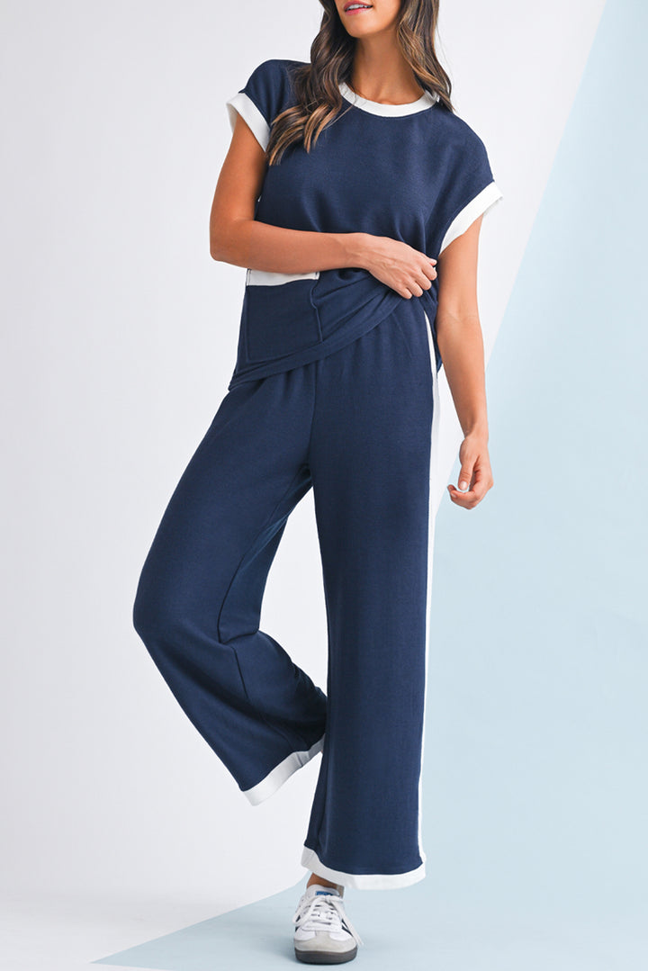 Navy Blue Contrast Trim Pocket T Shirt and Wide Leg Pants Set