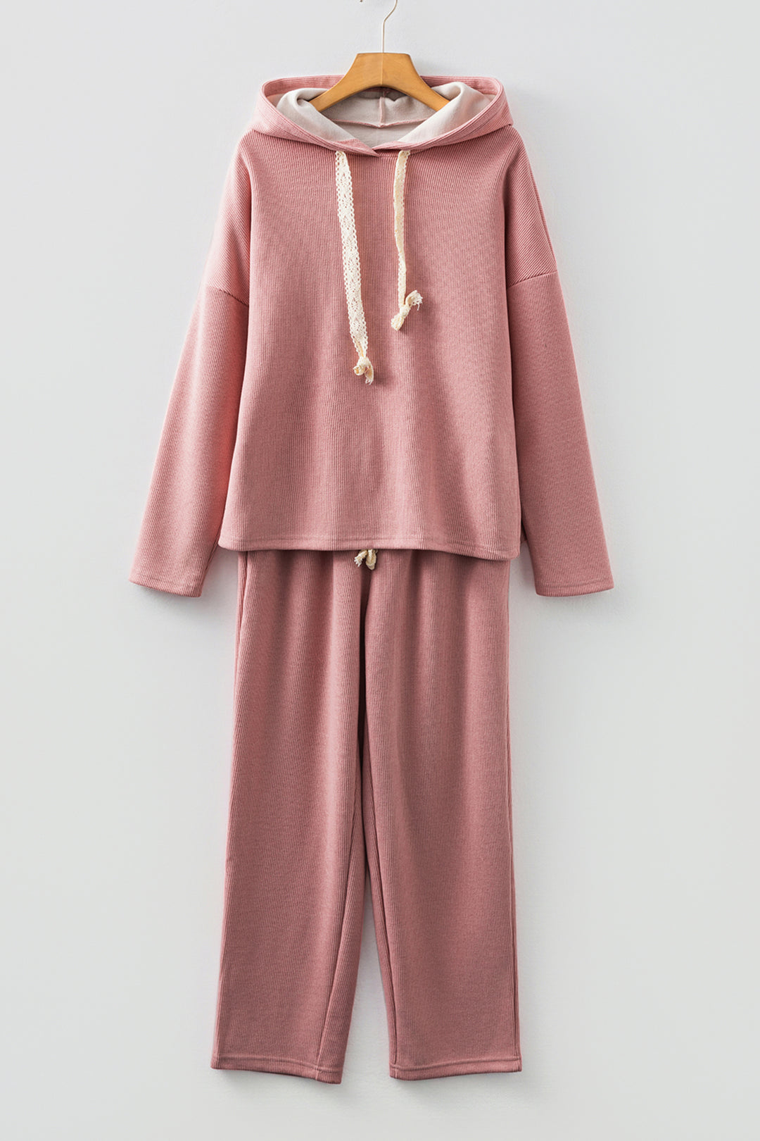 Rose Tan Lace Drawstring Pullover Hoodie and High Waist Pants Corduroy Suit