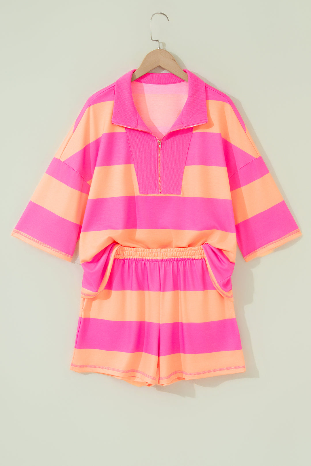 Yellow Stripe Seam Detail Half Zip Tee Casual Shorts 2pcs Set