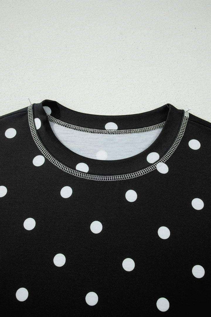 Black Exposed Seam Detail Polka Dot Loose Tee Drawstring Shorts Set