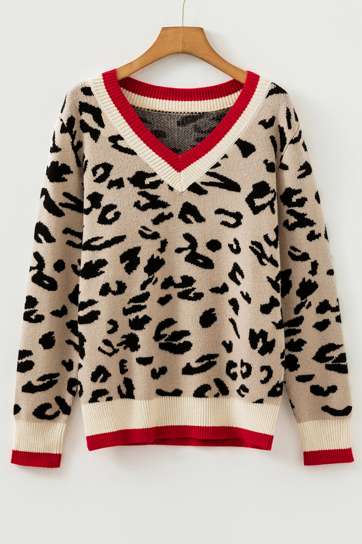 Khaki Leopard Pattern V-Neck Contrast Rib Knitted Sweater