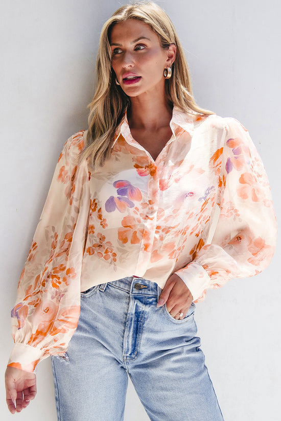 White Floral Print Collared Balloon Sleeve Loose Shirt | Women