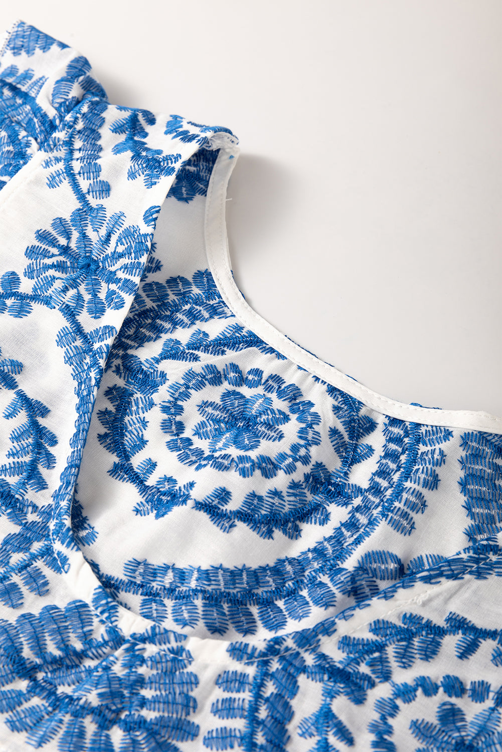 Blue Boho Embroidery Flutter Sleeve Crew Neck Blouse