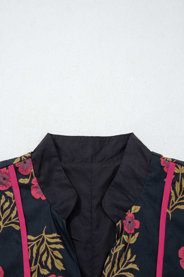 Black Floral Print Notched Neck Piping Trim Bracelet Sleeve Babydoll Dress