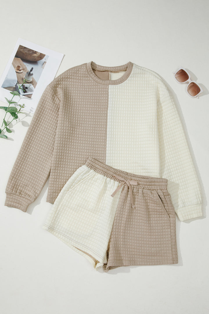 Khaki Color Block Patchwork Textured Long Sleeve Top 2pcs Short Set